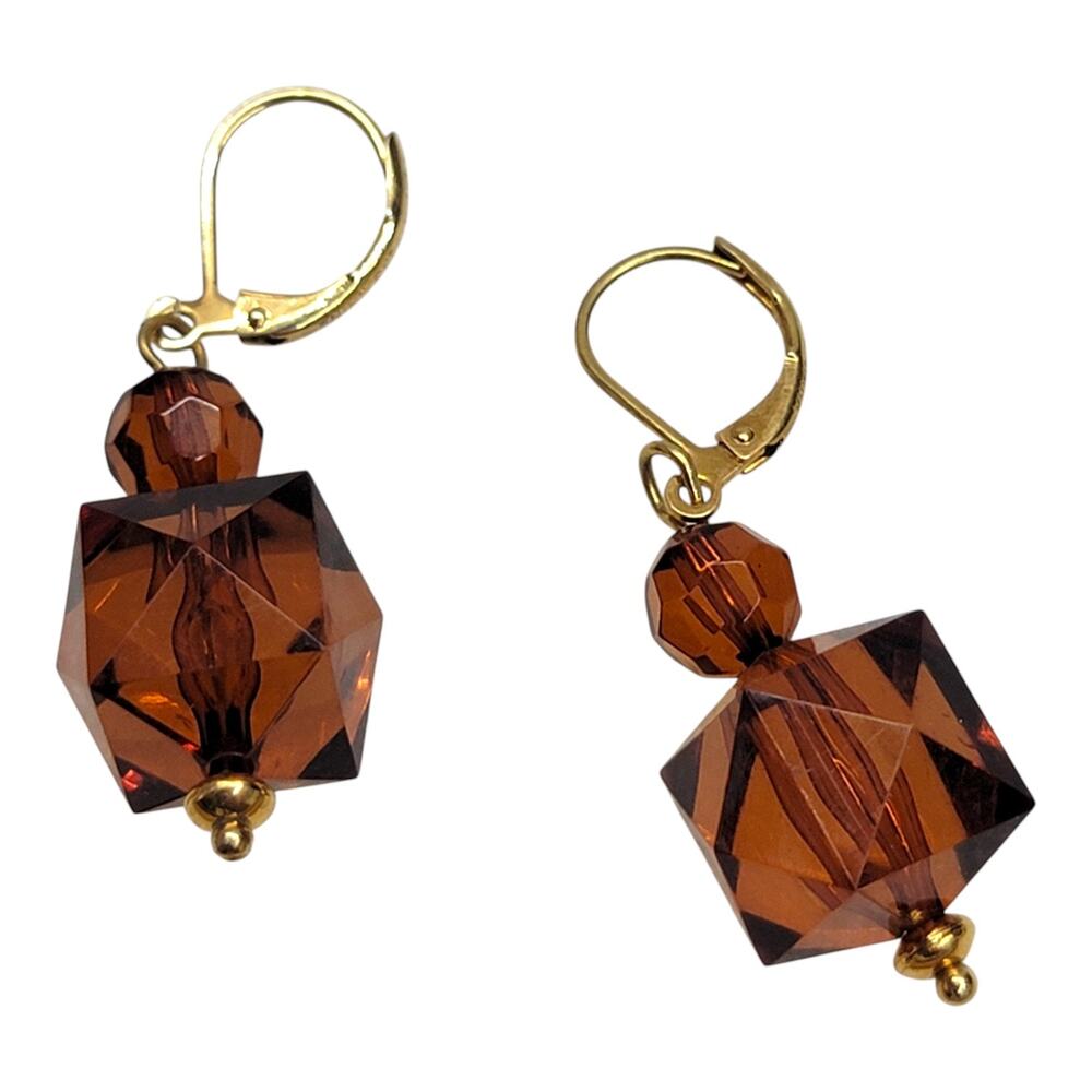 Joan Rivers Amber Crystal Drop Earrings Gold Tone Faceted Geometric Leverback